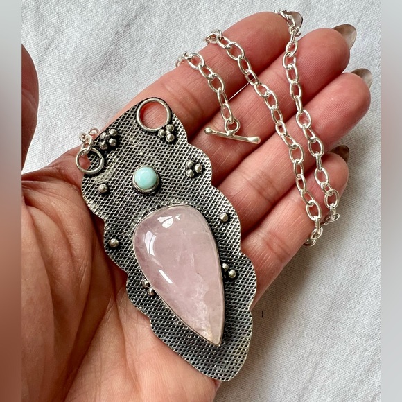 925 Rose Quartz + Larimar Statement Toggle Necklace - Picture 7 of 7
